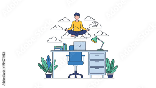 Focused man meditates in a lotus pose while floating above his office desk to find balance and stress relief in a busy work environment.