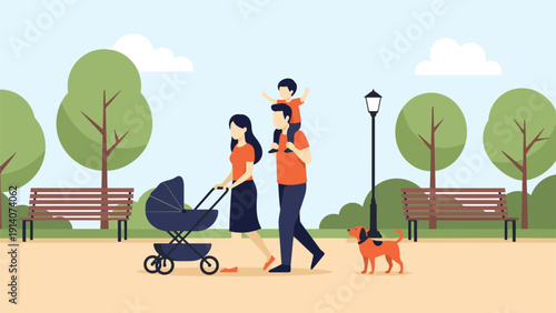 Happy young parents walk through a sunny city park with their children, showing a father carrying a toddler and a mother with a baby stroller.