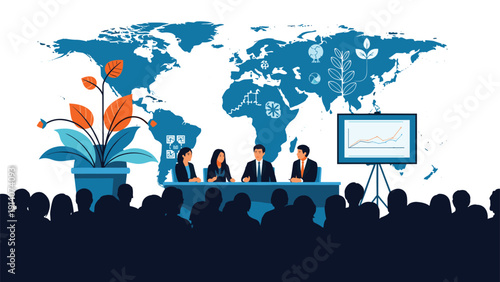 Business summit or international conference features a panel of speakers on stage in front of a world map with a large audience in silhouette.
