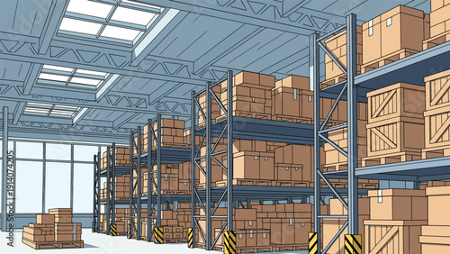 Industrial warehouse interior with tall metal racks stacked high with cardboard boxes under bright natural skylight windows.