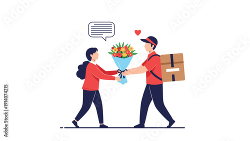 Friendly delivery courier in red uniform presenting a beautiful flower bouquet to a happy young girl at her doorstep.