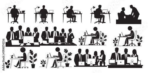 Busy office environment silhouettes with diverse workers and office plants icon. vector illustration eps 10
