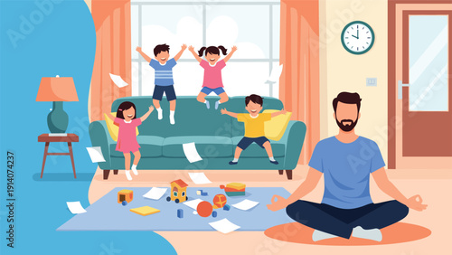 Calm father practicing yoga meditation in a chaotic living room while energetic children jump on the couch nearby.