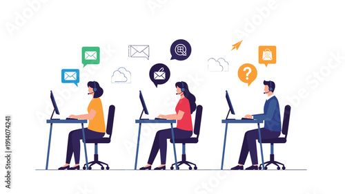 Professional customer support team wearing headsets while working at computer desks in a bright modern office space.