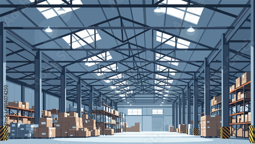 Spacious industrial warehouse facility featuring high ceilings and metal shelving units packed with various storage boxes.