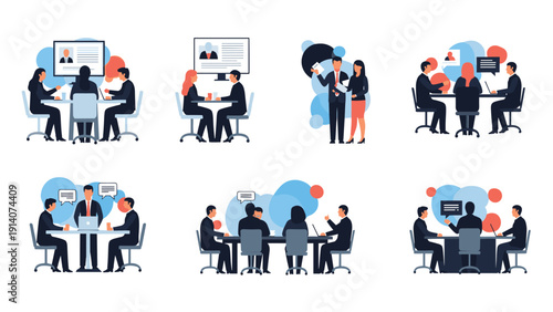 Multiple scenes of professional teams conducting business meetings, interviews, and collaborative group discussions.