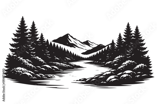 Nature Landscape Silhouette , Mountains Forest Desert and Scenic Outdoor Vector