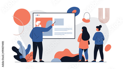 Senior educator giving a presentation on a large digital screen to attentive students in a modern classroom setting.