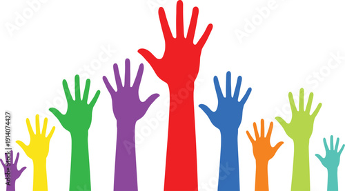 Colorful raised hands illustration, diversity inclusion concept, volunteering participation, community engagement, social unity, education teamwork, vibrant graphic design symbol