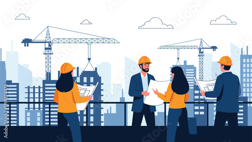 Professional architects in safety helmets reviewing blueprints at a busy construction site with high-rise buildings.