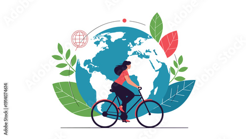 Active woman cycling on a path with a large green globe background to symbolize environmental sustainability efforts.