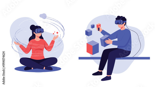 Innovative users experiencing virtual reality technology through VR headsets and interactive 3D digital elements.