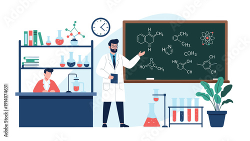 Professional chemistry teacher explaining complex molecular formulas on a blackboard to a student in a laboratory.