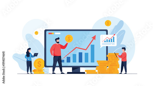 Financial experts monitoring market growth and investment returns on a large data screen with piles of gold coins.