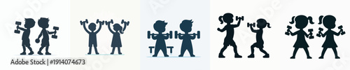Silhouette Vector Illustration of a Cute Kids Lifting a Dumbbells