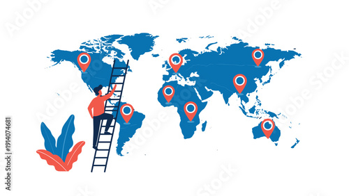 Ambitious entrepreneur climbing a ladder to place location pins on a world map for global business expansion plans.