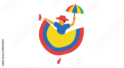 Colorful illustration of a person jumping with a rainbow umbrella.