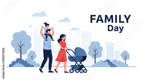 Happy parents enjoying a relaxing walk in the park with their children for a special family day celebration event.