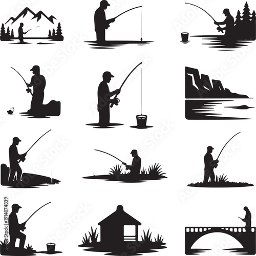 Silhouette of people fishing in various scenic outdoor settings  mountains rivers trees