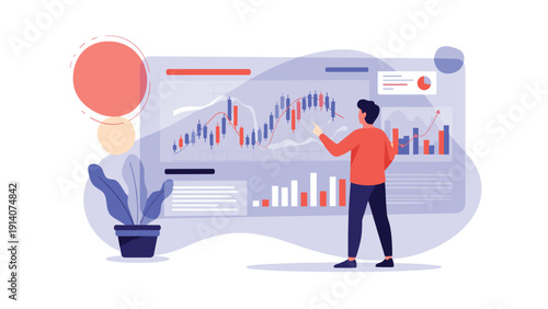 Financial analyst studying real-time stock market candlestick charts and data visualization on a large digital wall.