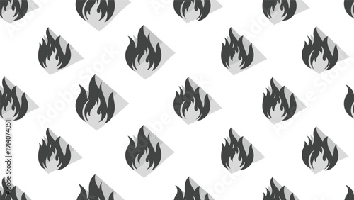 Minimalist seamless pattern of grey fire flame icons with soft shadows on a clean white background for design use.