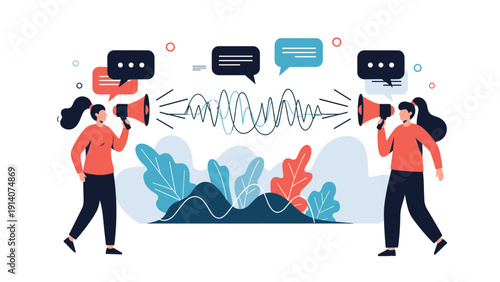 Two women communicating loudly through megaphones with sound waves and speech bubbles representing intense debate.