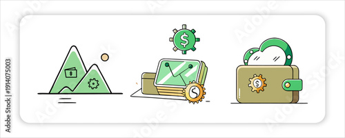 Roller Skates Cogs Mechanism Mugs amounts of Digital Wallets money Dollar Banking Icons