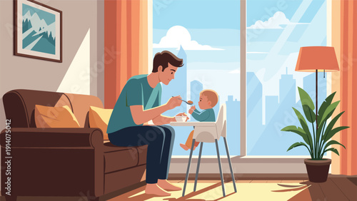 Loving father feeding his baby child sitting in high chair inside cozy apartment living room with city view through large window.