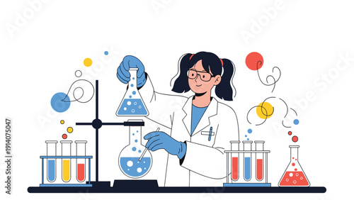 Young female researcher in lab coat working with chemical solutions in flasks and test tubes for scientific experiment illustration.