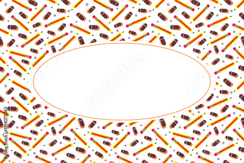 Pencil stationery with eraser seamless pattern frame. Colorful pencils with blank oval frame background. Colourful pencils pattern frame vector. School attribute frame design.