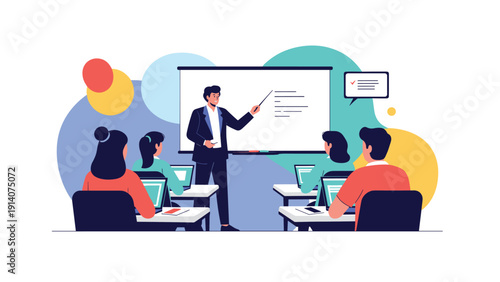 Professional teacher delivering educational lecture to students in modern classroom with presentation board and laptop computers.