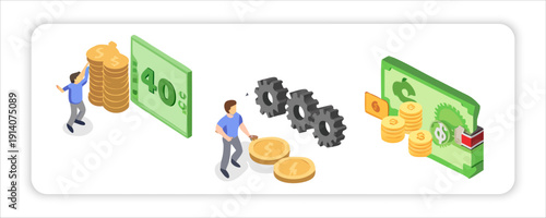 Roller Skates Cogs Mechanism Mugs amounts of Digital Wallets money Dollar Banking Icons