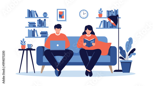 Young couple spending time together in cozy living room with one person using laptop and other reading book on comfortable sofa.