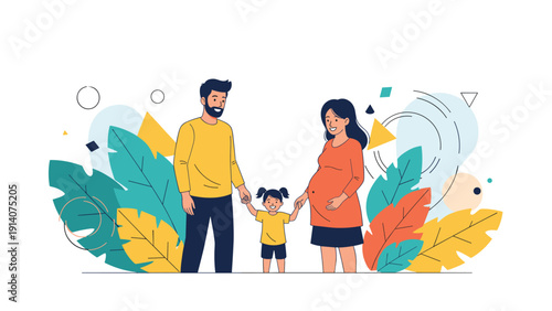 Happy young family with pregnant mother and little daughter standing together against decorative leaf background illustration.