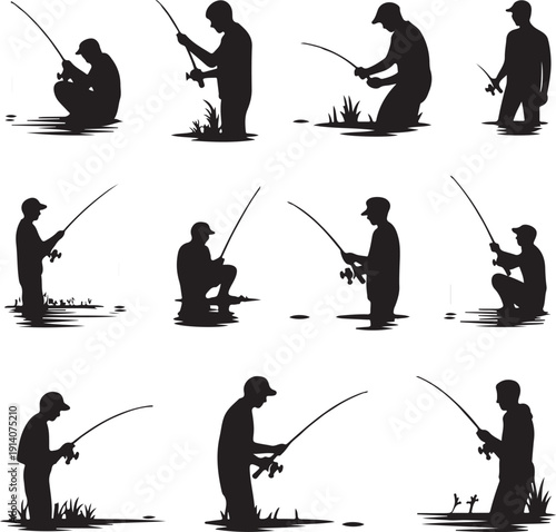 Silhouette of people fishing in various water poses with rods
