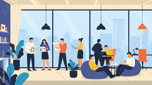 Diverse group of professional business people working and collaborating in spacious modern office with panoramic city skyline views.