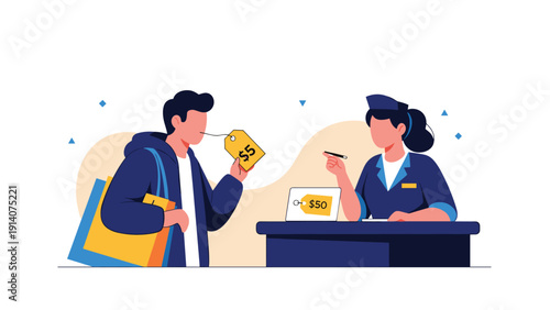Young man buying items at retail store counter with female cashier checking price tags for shopping and commerce concepts.