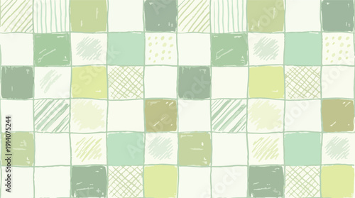 Hand drawn crayon grid seamless pattern. Green checkered mosaic tiles, doodle stripes pastel textures vector design
