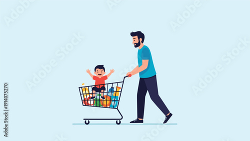 Happy father pushing his joyful son in metal shopping cart filled with groceries on plain light blue background illustration.