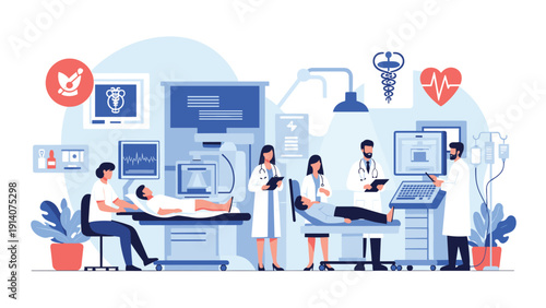 Medical team of doctors and nurses treating patients in modern hospital clinic equipped with advanced diagnostic technology.