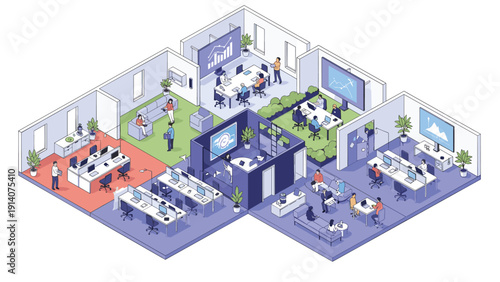 Modern isometric office layout showing various departments with people working in cubicles, meeting rooms, and collaborative spaces.