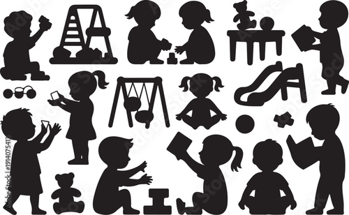 Black silhouettes of children playing with toys and