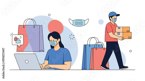 Woman using laptop for online shopping while delivery courier carries packages wearing protective face masks for safety.