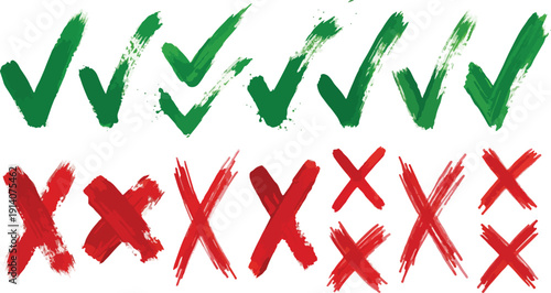 Grunge crayons drawn tick and cross symbols set. Chalk stroke green and red handwriting checkbox wrong right choice marks with rough texture vector graphic