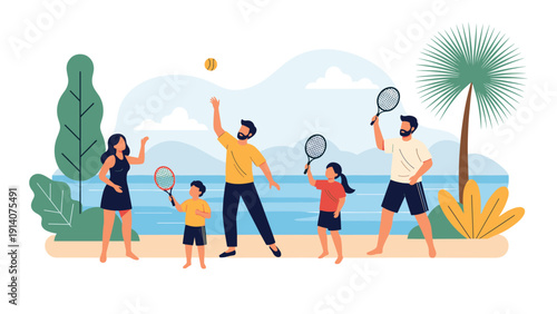 Happy family with parents and children playing tennis together on sandy beach with ocean and palm trees in tropical setting.