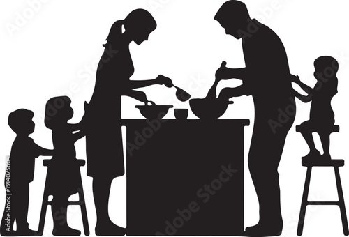 Family cooking together in kitchen silhouette parents