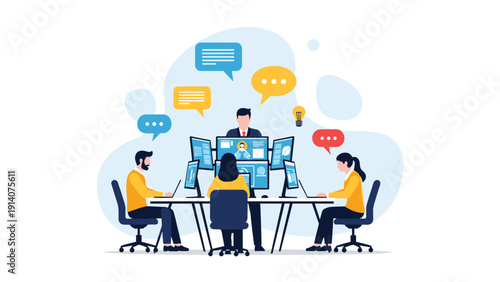 Team of professionals monitoring data on multiple computer screens in high-tech control room with speech bubble icons.