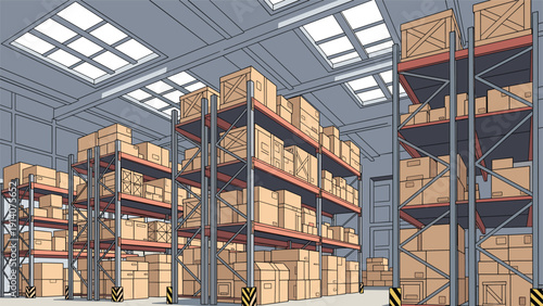 Perspective view of large commercial warehouse interior with tall industrial racks filled with packages for logistics and distribution.