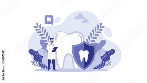 Male dentist standing with large tooth model and protective shield representing professional dental healthcare and tooth protection.
