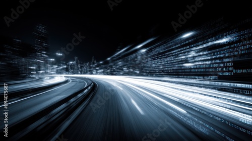 Wallpaper Mural Road with light trails and digital binary code at night Torontodigital.ca